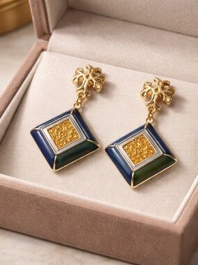Tory Burch Gold-Tone Navy & Forest Green Drop Earrings
